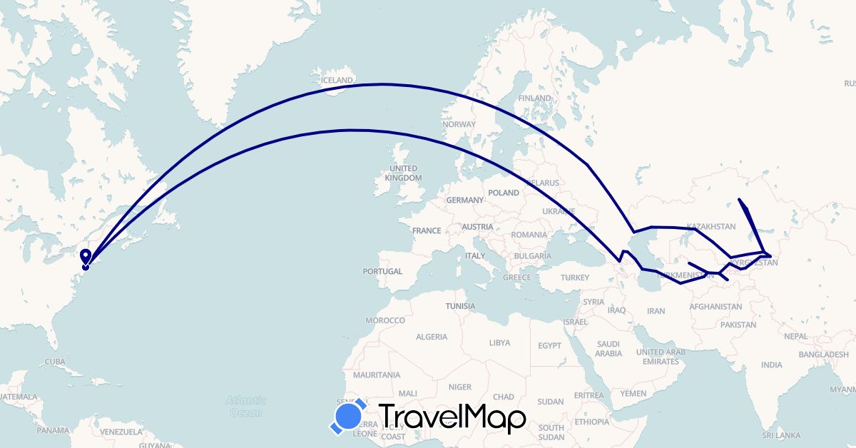 TravelMap itinerary: driving in Azerbaijan, Georgia, Kyrgyzstan, Kazakhstan, Russia, Tajikistan, Turkmenistan, United States, Uzbekistan (Asia, Europe, North America)